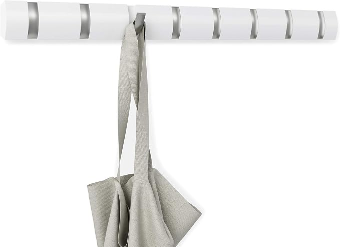 Umbra Flip Coat Rack, Wall Mount 8-Hook, Space Saving, White | Real wood and steel build, retractable hooks fold flat, holds coats bags and scarves, easy install - Image 11