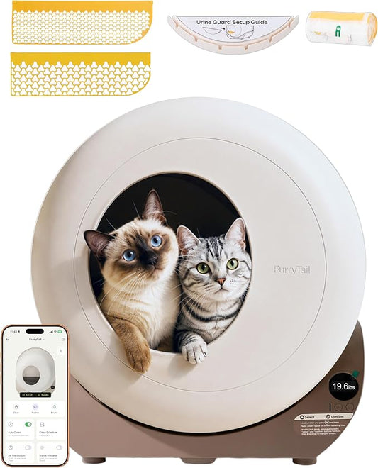 Furrytail Automatic Litter Box Self Cleaning, Kitty Litter Box, Smart Safety Sensors, Advanced Odor & Leak Control, Large Capacity for Multi Cat Homes, with App Control & 40 Trash Bags, Gray by Furrytail