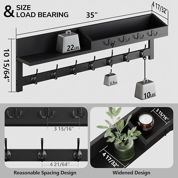 AMBIRD 35 inch Wall Hooks with Shelf, Coat Rack Wall Mount, Large Coat Hanger for Wall, Entryway Shelf with 7 Dual Coat Hooks, 4 Key Hooks and Mail Organizer, Wooden Key Holder Rack (Black) - Image 5