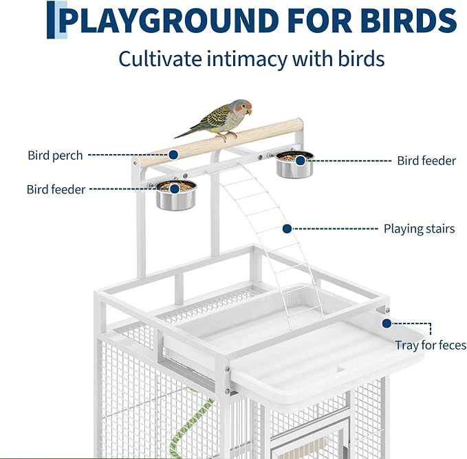 60" h Large Bird Cage, Indoor Parakeet Cage with Playtop, Bird Rope Perche, Heavy Duty Wrought Iron Bird Cage on Wheels for Parrots, Parakeets, Cockatiels, Conures - Image 3