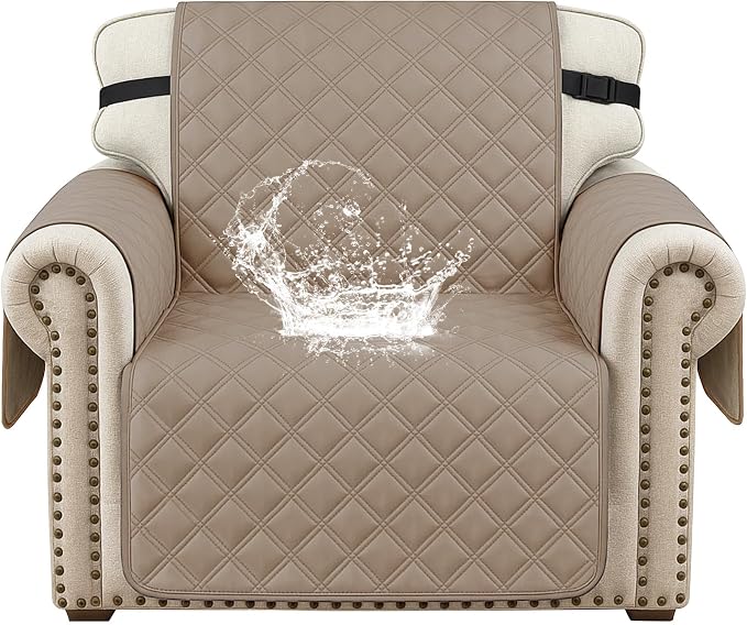 Waterproof Chair Covers for Living Room, Sofa Covers for Pets Washable with Side Pockets, Non Slip Couch Covers for Dogs, Quilted Dog Couch Cover with Elastic Straps (Armchair, Light Brown) by CYCMACOHOME