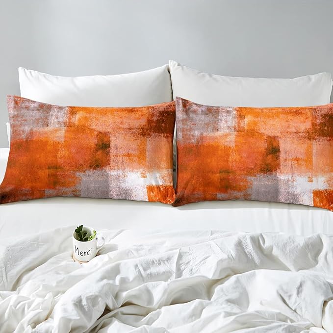 Erosebridal Orange Grey Bed Sheets Set Full Size,Watercolor Ombre Sheet Set for Women Men,Oil Painting Sheets,Vintage Minimalism Flat Fitted Sheet with 2 Pillowcases Home Room Decor - Image 5