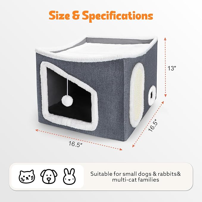 Tovve Heated Cat House for Indoor, Large Cat Bed with Heating Pad, Adjustable Temperature & Timing, with Fluffy Ball Hanging and Scratch Pad, Foldable Pet Hideaway for Small Medium and Large Cats（XL） - Image 2