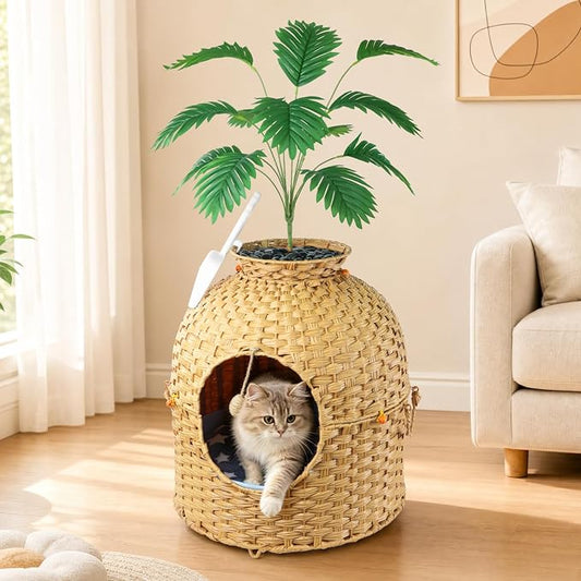 Cat Hidden Litter Box Enclosure Furniture, Handwoven Rattan Cat House with Decorative Faux Plant, Cat Litter Box with Scoop & Sisal Ball, Real Stones for Living Room, Bedroom, Corner Natural by %E2%80%8B%E2%80%8BPawCozy%E2%80%8B%E2%80%8B