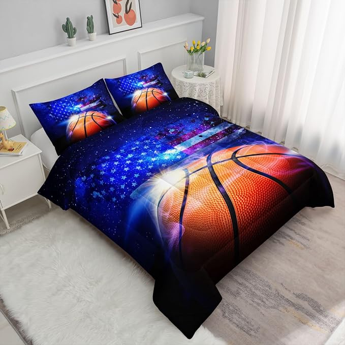 3D Basketball Comforter Set American Flag Printed Bedding Set with 1 Comforter and 2 Pillowcases for Boys and Girls Bedroom All Season(Basketball Full) - Image 2