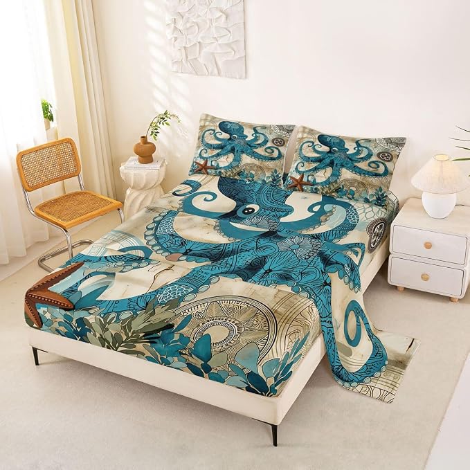 Octopus Bedding Ocean Bed Sheet Set Teal Mystic Kraken Mediterranean Style Design Teal Animal Bedding Sets Octopus Kids Sheet Set for Queen Size Skull Fitted Sheet and Flat Sheet,Marine 2 Pillowcases by Erosebridal