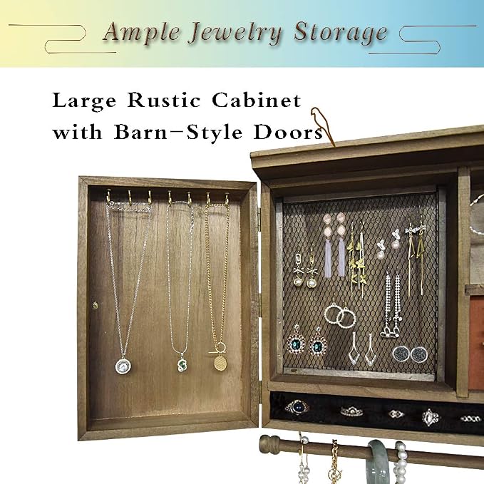 GLANT Rustic Wall Mounted Jewelry Organizer with Wooden Barndoor Decor， Wall Mount Holder,Jewelry holder for Necklaces, Earings, Bracelets，Ring Holder. Includes matching hook organizer (wood color) - Image 5