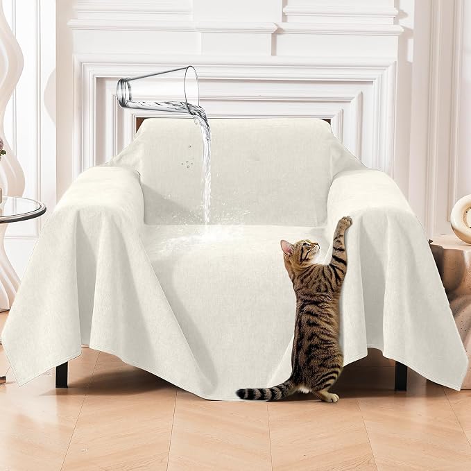 Deep Dream Cat-Scratch Resistant Armchair Couch Cover, Waterproof Sofa Cover for Dogs, Pet Friendly Couch Protectors Anti Slip Thickened Slipcovers for Dogs Pets, 71" x 91", White by DeepDream