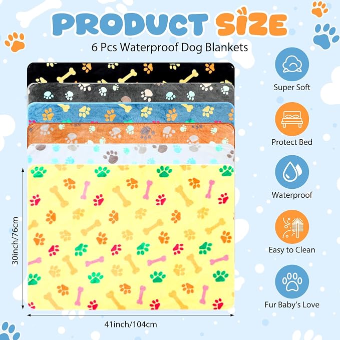 Tegeme 6 Pcs Waterproof Dog Blanket 41 x 30 Inch Paw Print Pet Blanket for Dogs Cats Puppy Washable Soft Fluffy Fleece Rug Flannel Throw Warm Sleep Mat for Kitten Doggy - Image 3