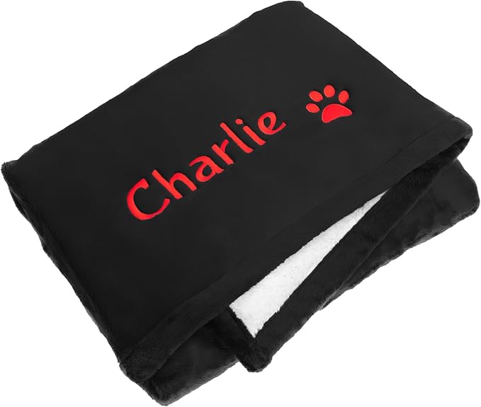 GoTags Personalized Premium Fluffy Dog Blanket, Super Soft Sherpa Fleece Blanket for Pets with Custom Embroidered Name and Paw, Large (40x30 inch), Black by GoTags
