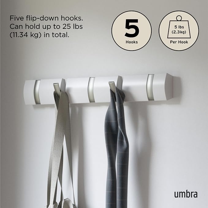 Umbra Flip Coat Rack, Wall Mounted 5-Hook Space Saving, White/Nickel | Real wood and steel build, retractable hooks fold flat, holds coats bags and scarves, easy install - Image 5