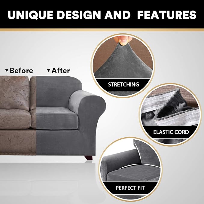 PrinceDeco Velvet Couch Covers for Sofa Soft 4 Pieces Couch Covers for 3 Cushion Couch Sofa Pet Friendly Furniture Protector with Non Slip Elastic Bottom Width Up to 90 Inch (Large, Grey) - Image 3