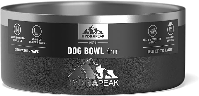 Hydrapeak Dog Bowl; Non Slip Stainless Steel; Water and Food Dish; Large Sized and Small Dogs; 32oz 64oz; Multiple Sizes; 4 Cup | Black - Image 4