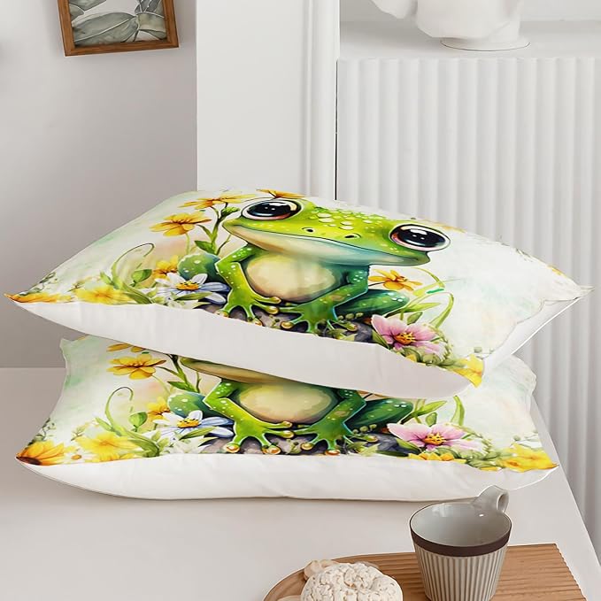 AILONEN Green Frog Duvet Cover Set Queen Size, Cute Cartoon Frog Bedding Set for Kids Boys Girls,Beautiful Sunflower Comforter Cover,Kawaii Tree Frog Duvet Cover,3 Pieces,1 Quilt Cover 2 Pillowcase - Image 3