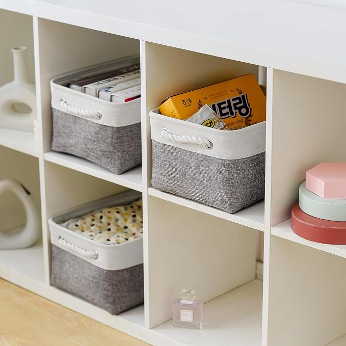 TheWarmHome Storage Bins for Shelves - 13.8L×9.8W×6.7H inch 3 Pack Medium Collapsible Storage Baskets for Organizing | Fabric Storage Cubes for Linen Closet Toy Home (White&Grey) - Image 4