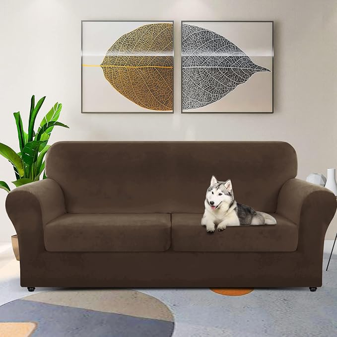 ZNSAYOTX Luxury Velvet Couch Cover 4 Piece (72"-92") Stretch Sofa Covers for 3 Cushion Couch Thick Soft Sofa Slipcover with Non Slip Strap, Dog Pet Friendly Nice Furniture Protector (Dark Coffee) - Image 2