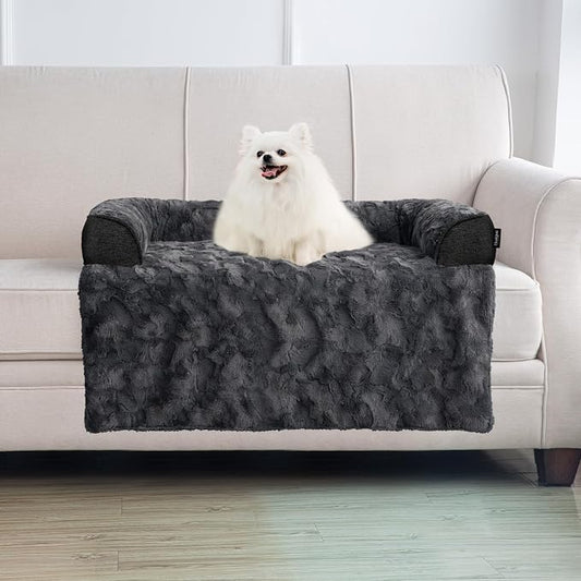 Calming Medium Dog Bed for Couch, 35 x 31 inch Removable Couch Cover for Dogs Washable, Non-Slip Fluffy Plush Dog Sofa Mat for Furniture Protector - Dark Grey by blunique