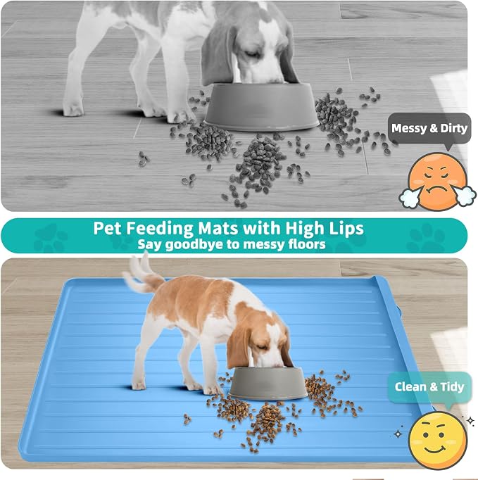 Pet Mats for Food and Water - 39.4" x 27" Thickened Large Dog Food Mat | Waterproof Pet Bowl Mat with Residue Collection Pocket and High Edges to Prevent Water and Food Spills - Blue - Image 3