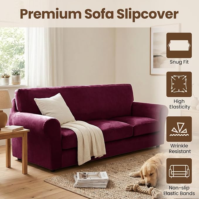 XINEAGE 3-Piece Velvet Sofa Cover,Couch Covers for Dog,Wine Red | 2 Cushion Sofa,Stretch Non-slip Elastic, Pet-friendly, Washable, Fast Setup, Soft Plush Fabric, Furniture Protector. - Image 2