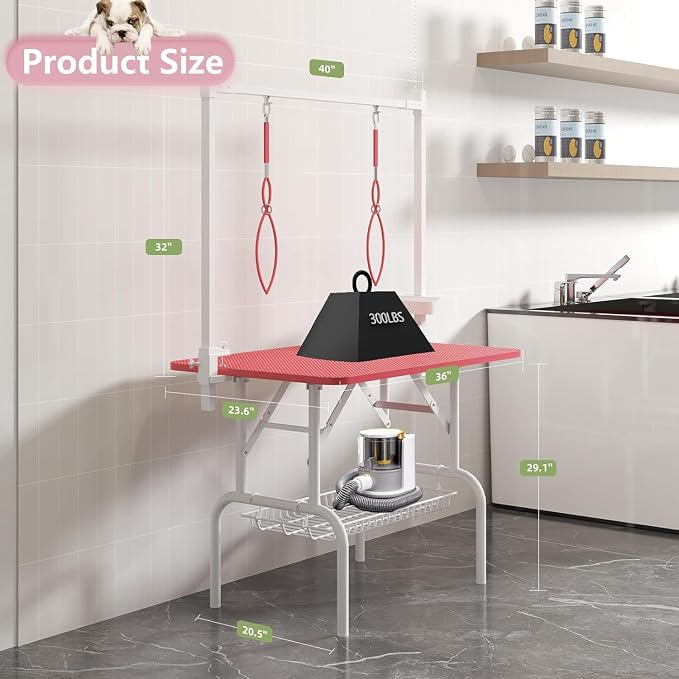 Professional Dog Pet Grooming Table Adjustable Heavy Duty Portable w/Arm & Noose & Mesh Tray (Pink, 46") - Image 5