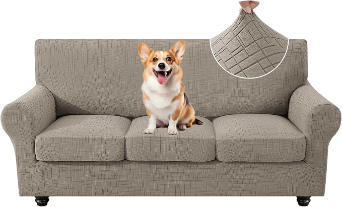CYCMCAO 4 Piece Stretch Sofa Covers for 3 Cushion Couch, Non Slip Couch Covers for Sofa, Sofa Covers for Pets Washable, Couch Covers for Dogs,Kids (Khaki), 71"-91" (3 Cushion Sofa) by CYCMACOHOME