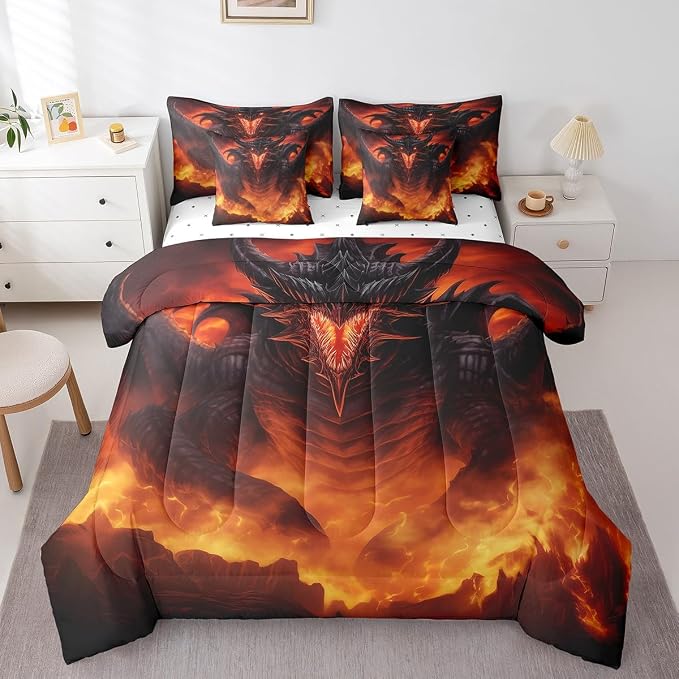Dragon Twin Comforter Set in a Bag - 7 Pcs (1 Comforter, 1 Flat Sheet, 1 Fitted Sheet, 2 Pillowcases, 2 Pillow Shams) with Fire Dragon Pattern - Image 3