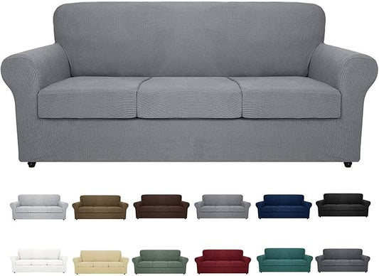 MAXIJIN 4 Piece Couch Covers for 3 Cushion Couch Super Stretch Sofa Cover for Dogs Pet Proof Fitted Furniture Protector Spandex Jacquard Non Slip Magic Couch Slipcover Washable (Large, Light Gray) by MAXIJIN