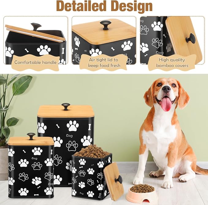 Reallnaive Airtight Dog Treat Container Set of 3 with Bamboo Lids Metal Treat Jars for Countertop Decorative Pet Snack Food Storage Canister Kitchen Biscuit Holder(Black) - Image 3