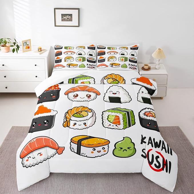 Erosebridal Kawaii Sushi Pattern Comforter Set King, Japanese Style Down Comforter, Food Theme Quilted Duvet for Kids Boys Girls Teens, Cute Cartoon Japanese Sushi Quilt Set Room Decorative - Image 2