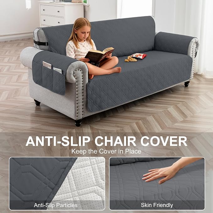 100% Waterproof Couch Cover,Straps&Pockets,pet Friendly,68" Gray | Washable sofa cover, pet-friendly, scratch-resistant furniture protector, quilted sofa cover, reversible, non-slip backing. - Image 4