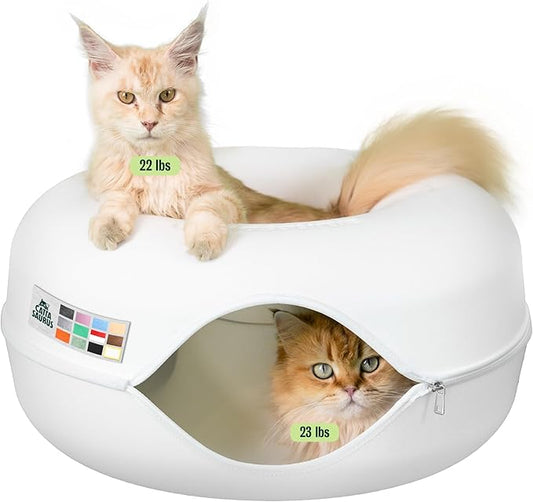 Cattasaurus Peekaboo Cat Cave Donut for Multiple & Large Cats up to 30-45 lbs, 3-in-1 Self Warming Cat Bed, Tunnel & Scratcher for Indoor Cats, Washable & Detachable Small Dog Bed (White, Large) by Cattasaurus