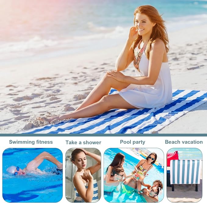 EBOOT 10 Pack Oversized Beach Towel Set Extra Large Pool Towels Microfiber Quick Dry Swim Blanket for Adult Women Men Face Hand Body Bath Travel Pool(Plain Color,28 x 59 Inch,Cabana Stripe) - Image 5