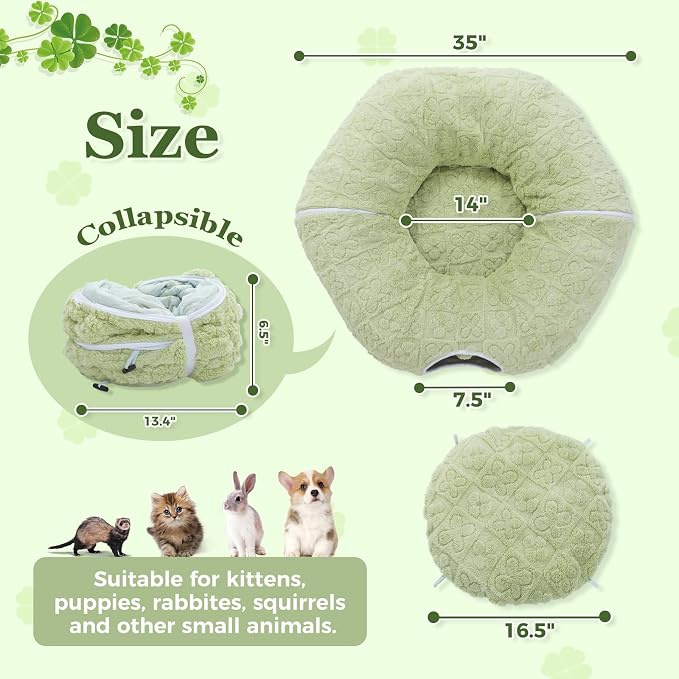 PEQULTI Cat Tunnel with Bed for Indoor Cats, Cat Play Donut Tunnel with Washable Soft Plush Mat, Round Tube Toys Cute Tube for Kittens, Puppies, Rabbits and Ferrets, Green - Image 3