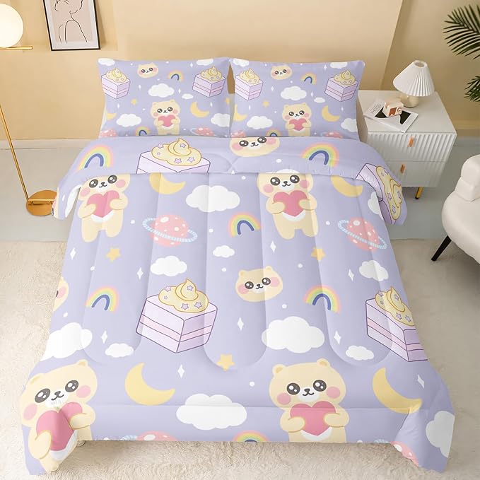 QOOMO Bear Comforter Full Size,Kawaii Bedding Set for Kids Teens Girls,3Pcs Bedding Set Printed Comforter with 2 Pillowcases,Down Alternative,Soft and Lightweight，Full Size - Image 2