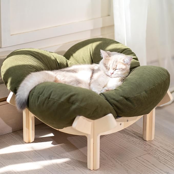 CHEERHOME PETS Elevated Cat Bed Wooden with Cushion Fluffy Pet Couch Sofa for Indoor Cats Raised Kitty Lounge Chair Suitable for Puppy, Cat Furniture(Green) by CHEERPALS