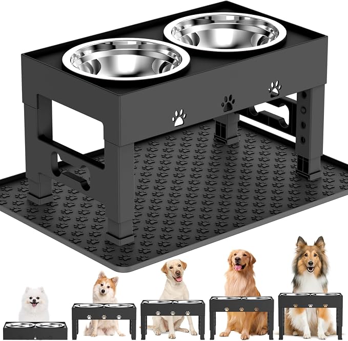 LAKIPETN Elevated Dog Bowls with Mat, Raised Dog Food Bowl Stand with 2 Stainless Steel Bowls, 5 Height Adjustable (3.1", 9", 10", 11", 12") Non-Slip Feeder Set for Medium and Large Dogs – Black by LAKIPETNPetSupplies