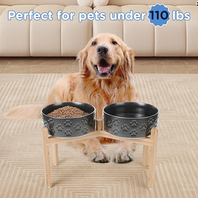 SPUNKYJUNKY Elevated Dog Bowls Ceramic, 8.3'' Dogs Food Water Bowls Raised with Non-Slip Bamboo Stand for Large Sized Breed Microwave Dishwasher Safe - 60 OZ,Paw Black - Image 7