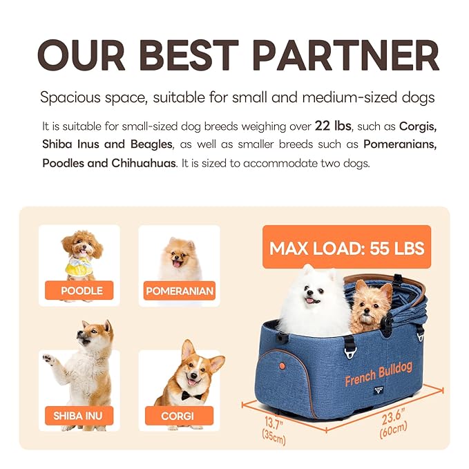 【One-Pull Open Ver.】 PETTENA One-Touch Foldable Dog Stroller for Small Dogs Cats up to 44 Lbs, Cat Stroller for 2 Cats, Large Space, Black (Navy Blue)