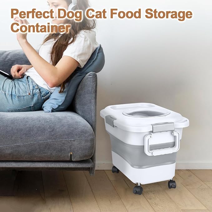 Dog Food Storage Container, 10-20 lbs Airtight Collapsible Cat Food Storage Container with Attachable Wheels, Portable Handle, Dog Food Scoop for Dog Cat Bird Pet Dry Food Storage Bin Light Grey - Image 7