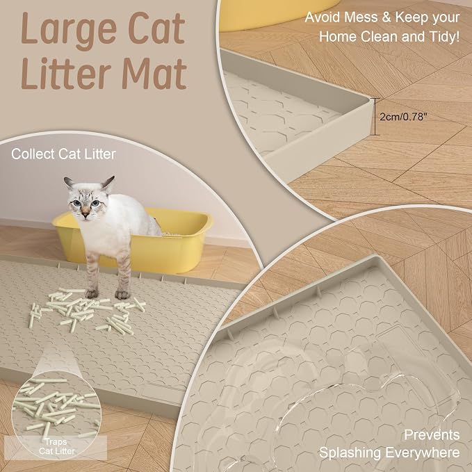 Large Cat Litter Mat 34"x22", Cat Litter Trapping Mat For Litter Box, Silicone Pet Feeding Mat With Raised Edges Waterproof, Beige - Image 3