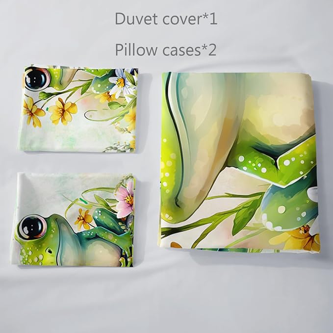 AILONEN Green Frog Duvet Cover Set Queen Size, Cute Cartoon Frog Bedding Set for Kids Boys Girls,Beautiful Sunflower Comforter Cover,Kawaii Tree Frog Duvet Cover,3 Pieces,1 Quilt Cover 2 Pillowcase - Image 4