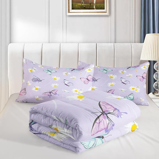 QOOMO Butterfly Comforter Set for Kids Teens Girls Women,Daisy Kids Comforter,1 Comforter with 2 Pillowcase, Microfiber 3 Piece Bedding Set,for All Seasons，King Size - Image 4