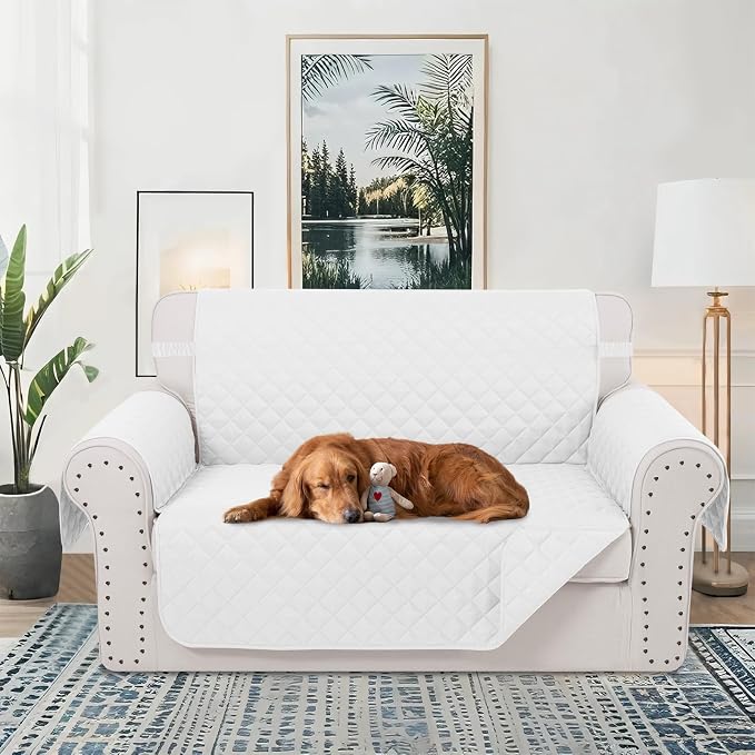 Reversible 45" Small Loveseat Sofa Covers, White/White | Loveseat Covers for Dogs Water Repellent, Friendly Furniture Protector with Elastic Straps for Living Room - Image 2