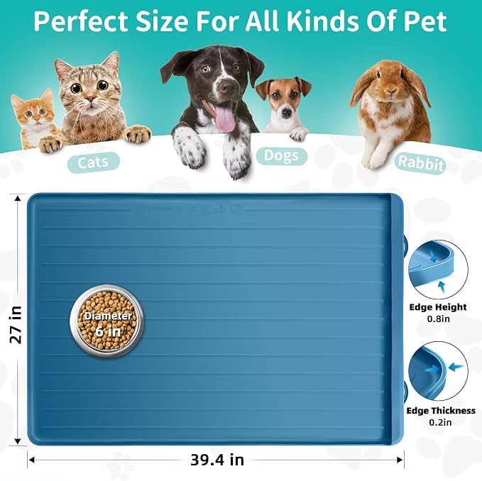 Dog mat for Food and Water - 39.4" x 27" Thickened Large Dog Food Mat | Waterproof Pet Bowl Mat with Residue Collection Pocket and High Edges to Prevent Water and Food Spills - Navy - Image 2
