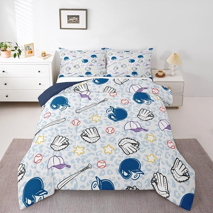 Homewish Baseball Comforter Set Queen Size,Blue Leopard Bedding Set 3pcs for Kids Boys Girls Room Decor,Cartoon Baseball Bat Hat Quilt Set Ball Sports Gaming Duvet Insert with 2 Pillowcases,Colorful - Image 5