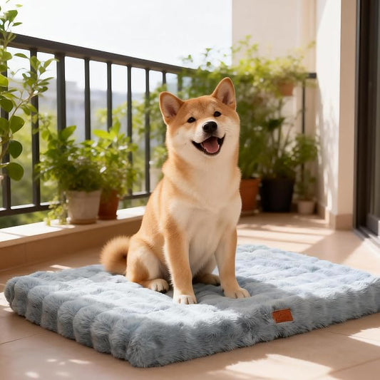 Orthopedic Dog Beds for Medium Dogs, Fluffy Faux Rabbit Fur Pet Bed with Removable Washable Cover, Dog Bed Mat with Egg Crate Foam & Waterproof Lining, Non-Slip Bottom, Blue-Grey,30"x20"x3" by VhenWhen