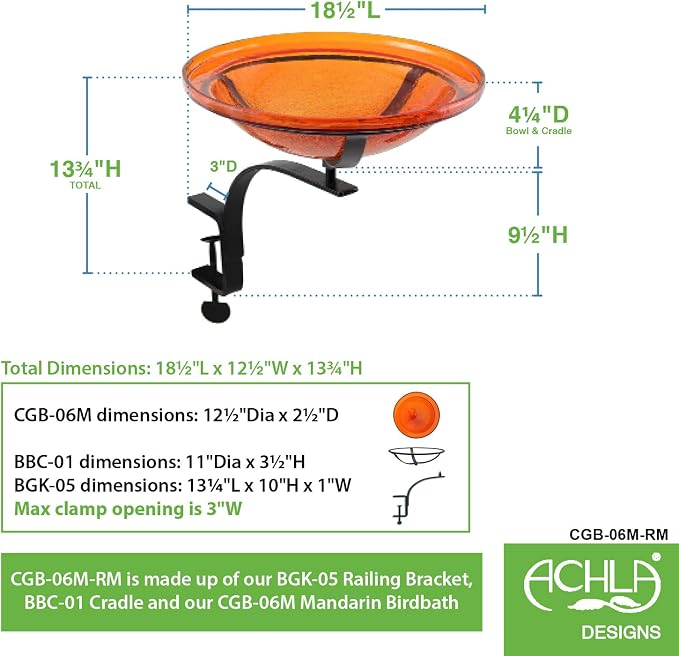 Achla Designs CGB-06M-RM 12 Inch Mandarin Crackle Rail Mount Bracket Birdbath - Image 2