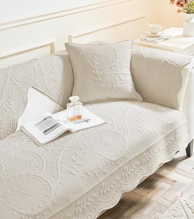 Leaf Floral Cotton Quilted Dog Couch Cover for Sofa Farmhouse Rustic Embroidered Sectional Couch Cover Soft Anti-Slip Sofa Slipcover Furniture Protector for Kids, Pets (Beige,43"x82") - Image 6