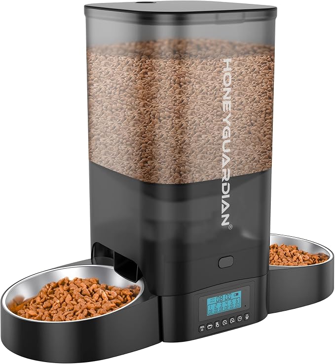 HoneyGuaridan 5L Automatic Cat Feeder for Two Cats, Cat Food Dispenser with Stainless Steel Bowl,Timed Feeder Programmable 1-6 Meals Control, Dual Power Supply,Desiccant Bag Black by HoneyGuaridan