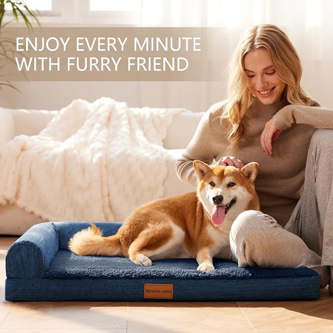 Patas Lague Orthopedic Large Dog Bed Pet Sofa Beds 42''X28''Navy Blue | L Bolster Egg-Crate Foam Dog Couch For Large Sized Dogs, Waterproof Removable Washable Cover, Pet Mat with Nonskid Bottom - Image 3